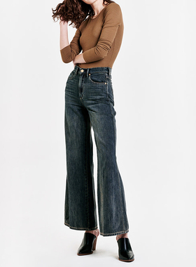 美式丹宁DJ 女款 洗水做旧高腰阔腿牛仔裤 F616