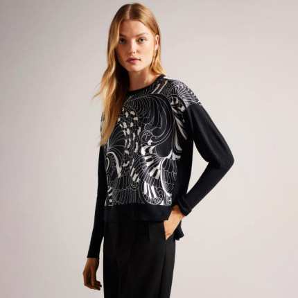 英伦TB 女款 棉麻混纺印花拼接圆领长袖针织衫 C356