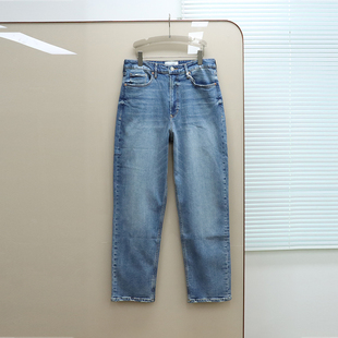 蓝色洗水高腰直筒弹力牛仔裤 女款 D273 丹宁DJ 美式