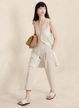 美系蕉国BR 女款 V领钩编无袖长款针织开衫 B891