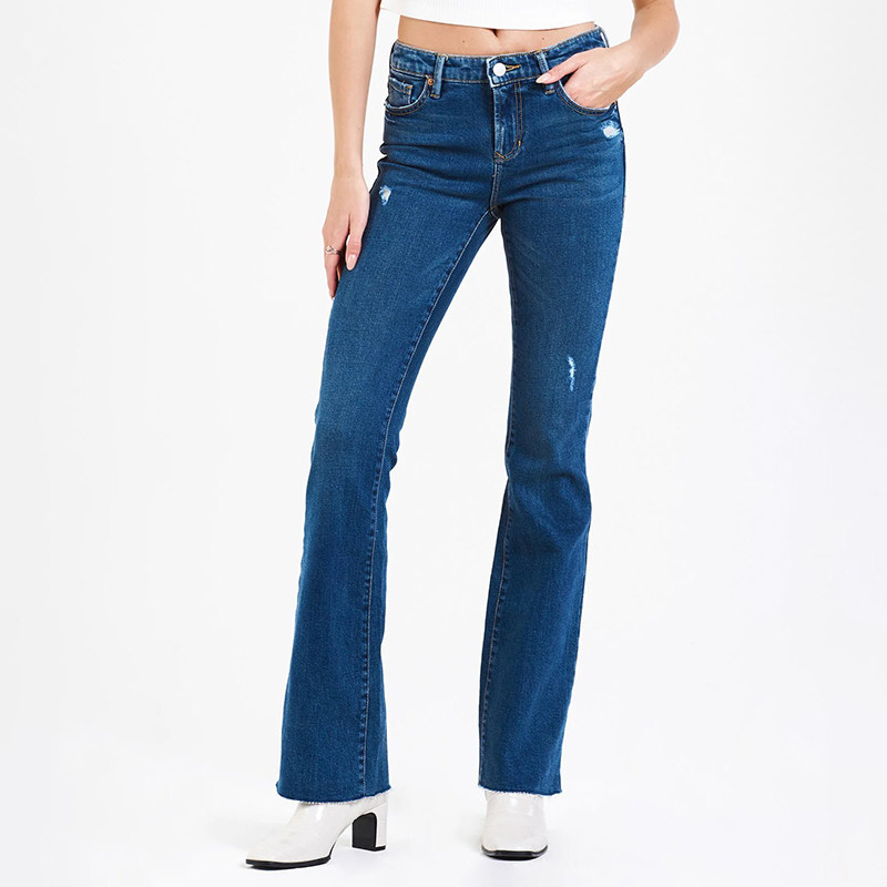 美式丹宁DJ 女款 蓝色洗水磨破微喇弹力牛仔裤 F658