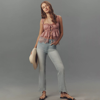 加州轻奢丹宁P1ST0浅蓝洗水高腰磨破虚边九分微喇弹力牛仔裤924