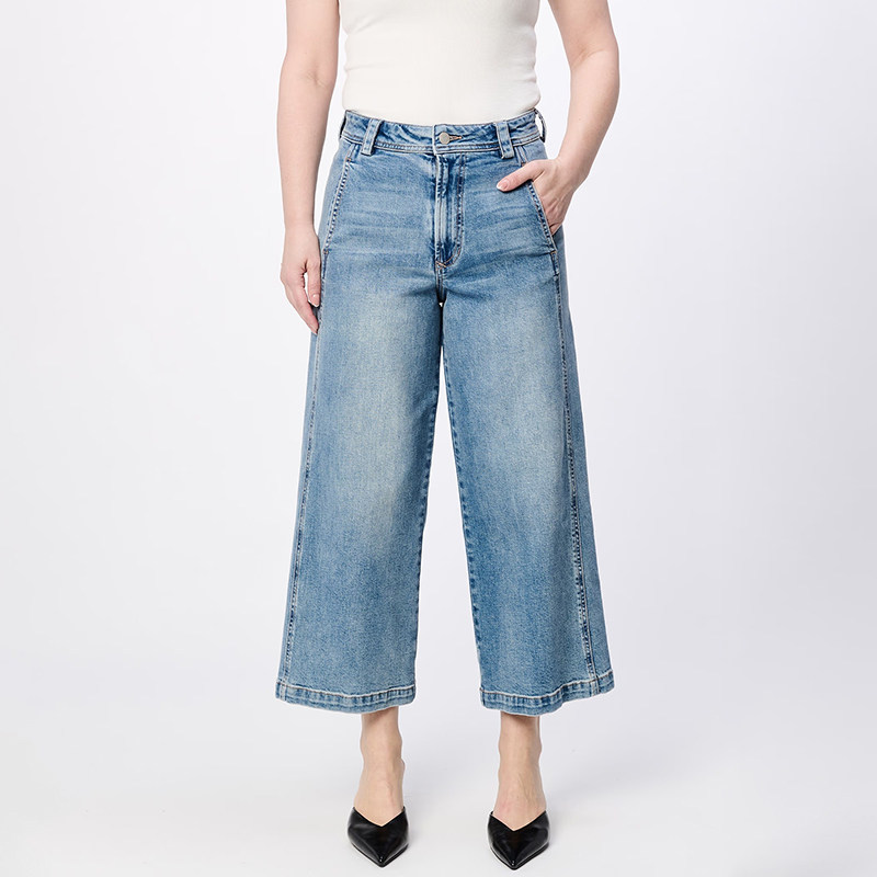 美式丹宁DJ 女款 蓝色洗水高腰阔腿牛仔裤 F608