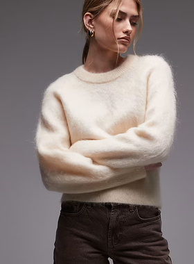 北欧风0S 女款 马海毛羊毛混纺圆领拉绒毛衣 E642