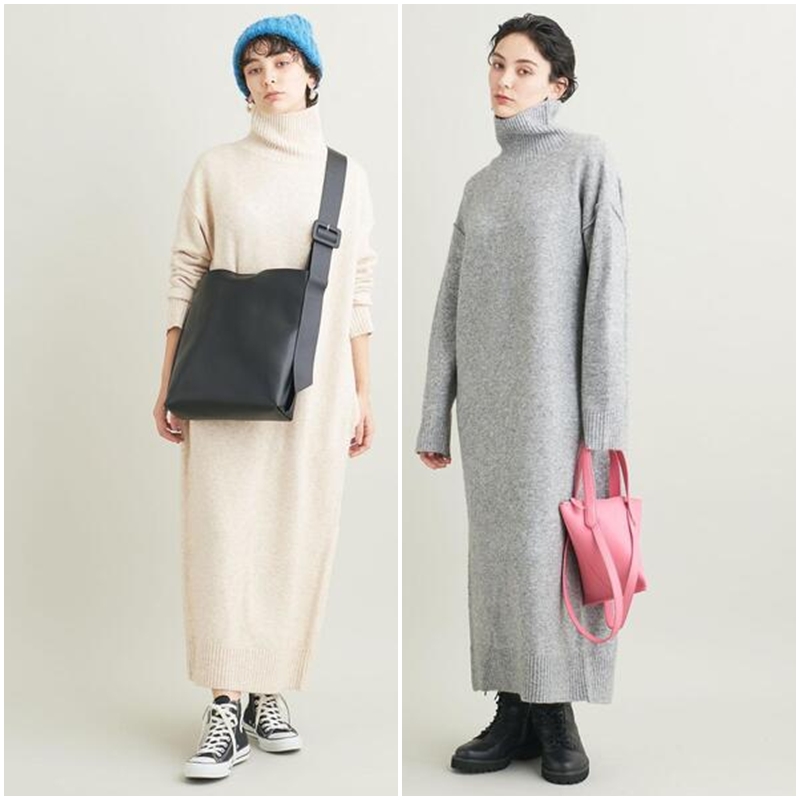日单系列 女款 羊毛羊驼混纺高领落肩宽松针织连衣裙 8533