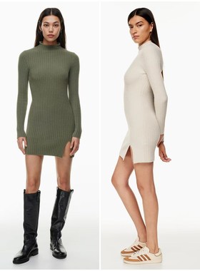 加拿大红牌 毛绒雪尼尔半高领下开叉针织连衣裙 意大利纱线 5794