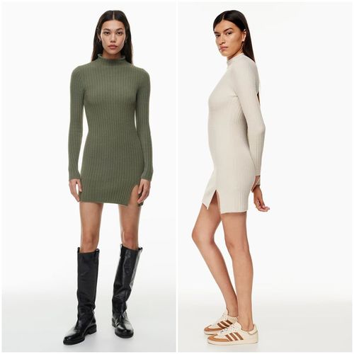 加拿大红牌 毛绒雪尼尔半高领下开叉针织连衣裙 意大利纱线 5794
