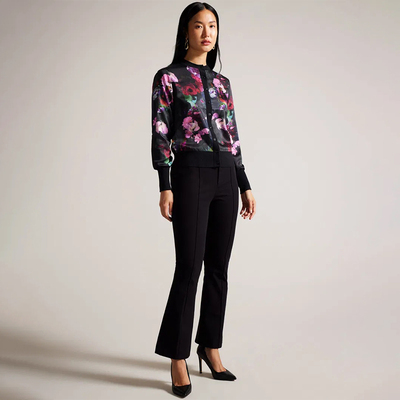 英伦TB 女款 棉麻混纺印花拼接圆领长袖开衫上衣 C363