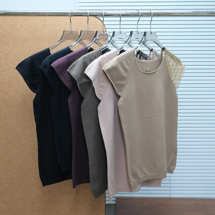 面料控入 出岛国 女款 真丝混纺圆领蕾丝拼接短袖针织衫 A649