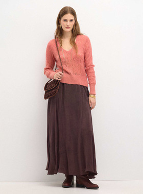 西班牙轻奢H0S 女款 南法风羊毛羊驼混纺V领镂空针织衫 9747