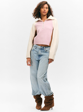 北欧风MNK  女款  半拉链拼色针织毛衣 E504