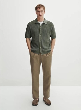 西班牙M系 男款 粗松针翻领短袖针织开衫上衣 4508