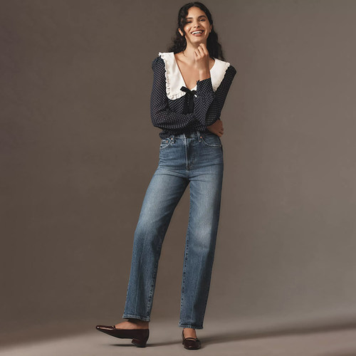 加州轻奢丹宁P1ST0 女款  蓝色洗水高腰直筒牛仔裤 C909