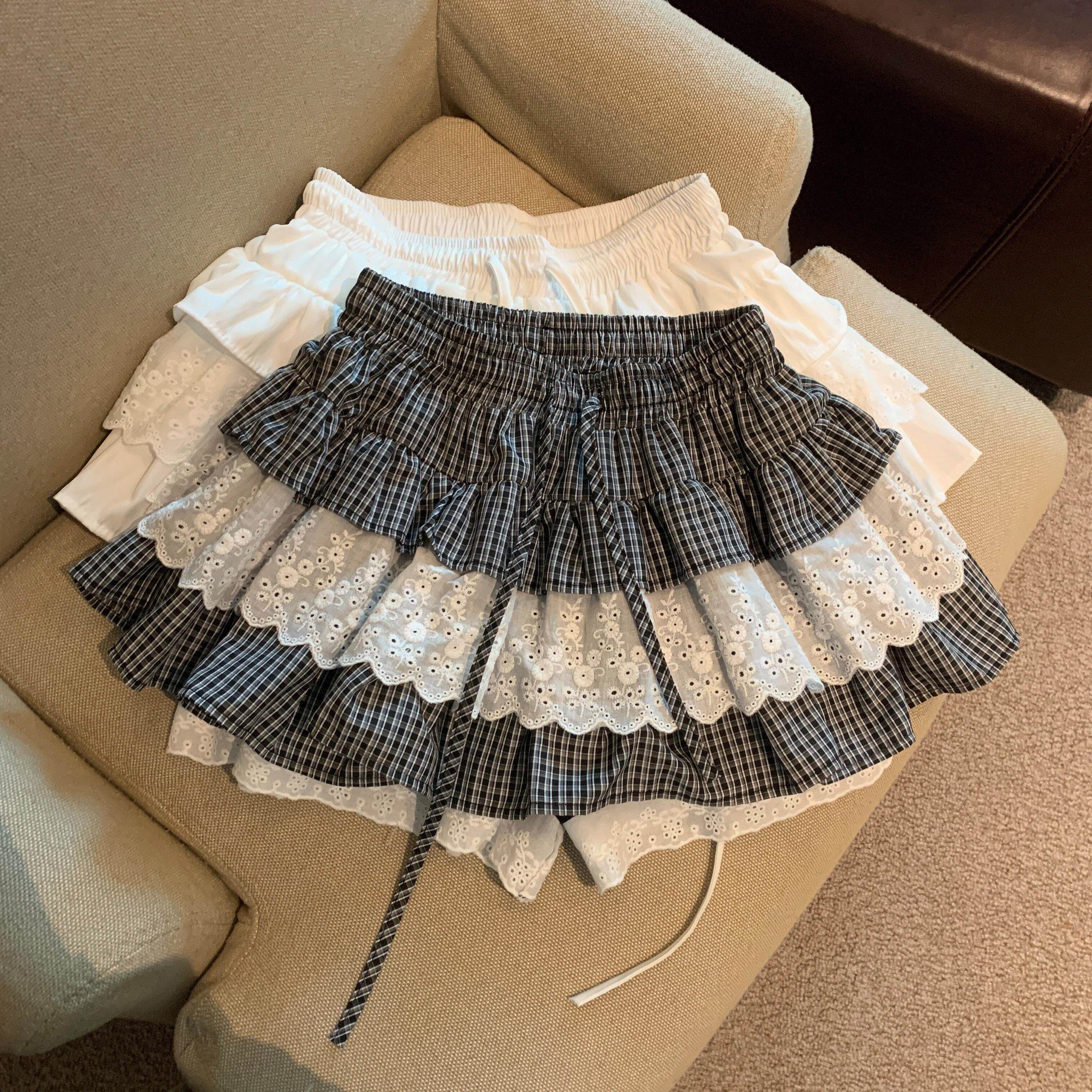 大码韩系甜美蕾丝格子蛋糕短裙女春秋新款蓬蓬a字高腰显瘦短裙裤