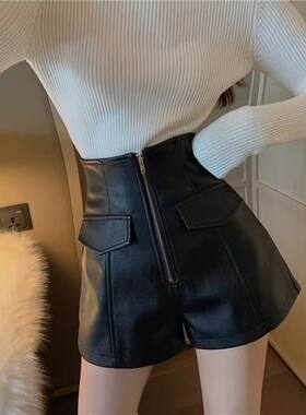 秋冬高腰PU皮阔腿显瘦短裤女