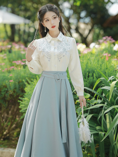 新中式日常国风汉元素衬衫半身裙套装通勤上班穿改良汉服连衣裙女