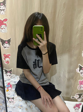 ling 新款黑色插肩袖男女情侣同款体恤上衣夏季美式潮牌短袖t恤女