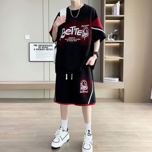 男士运动套装夏季大码篮球服青少年宽松撞色透气短袖短裤一套搭配