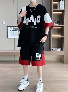 新款大码宽松时尚拼色帅气套装男