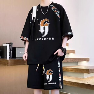 夏季短袖t恤短裤宽松套装初中高中学生帅气青少年大童男装加大码