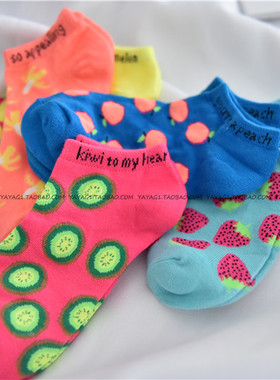 【清仓】春夏新出口RI单炫彩水果荧光奇异果草莓撞色纯棉女船短袜