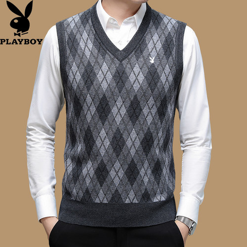 秋冬加厚V领针织背心男羊毛马甲