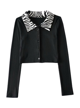 长袖t恤螺纹开衫女秋季20新款显瘦黑色网红豹纹翻领短款上衣ins潮