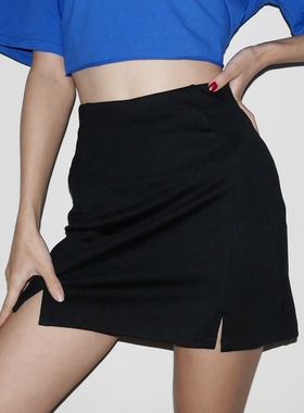 欧美性感修身款两侧小开叉黑色半身裙高腰A字包臀短裙