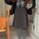毛呢百褶半身裙大码 女灰色秋冬高腰a字裙遮胯显瘦学院风黑色中裙