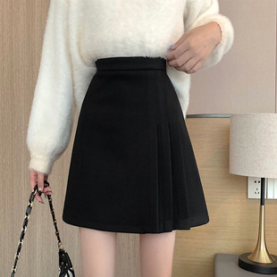 黑色毛呢百褶半身裙女秋冬大码咖色a字短裙胖MM高腰显瘦遮胯包臀