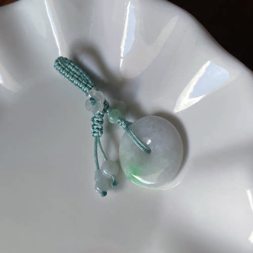 天然a缅甸翡翠白底飘绿平安扣吊坠包包编绳挂车挂件茶宠钥匙挂绳