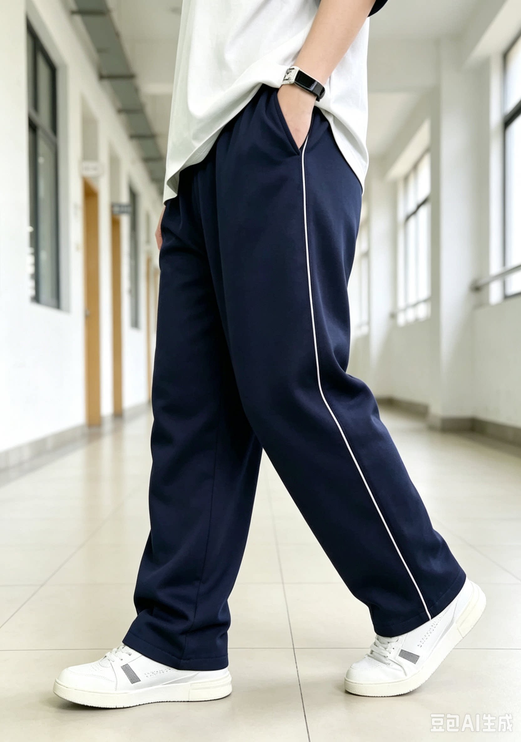 青少年校服裤子藏青 一条杠细反光条白条男女中大童宽松直筒校裤