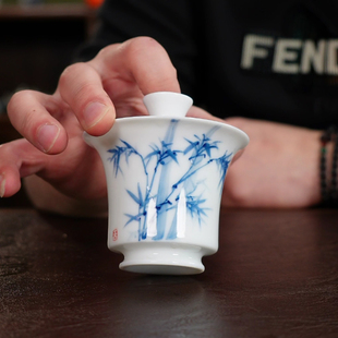 手绘青花竹子陶瓷盖碗釉下彩复古功夫茶具高脚二才三才马蹄泡茶碗