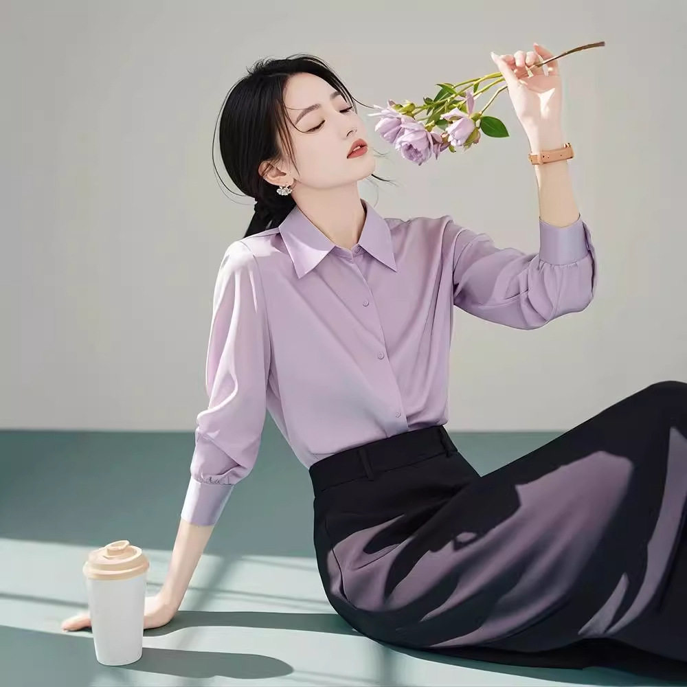 早秋穿搭盐系轻熟气质感紫色衬衫半身裙两件职业套装2024女装