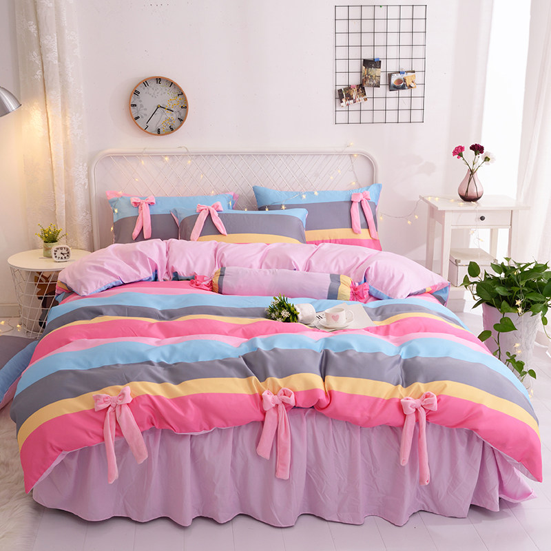 ins春夏小清新彩虹四件套少女心粉色蝴蝶结糖果色公主风床上用品