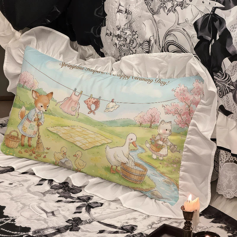 卡通治愈枕头套水洗棉荷叶花边萌宠腰靠枕芯套皮一对装单双人可爱,床上用品,枕套,淘宝优惠券,粉丝福利购,淘宝优惠卷