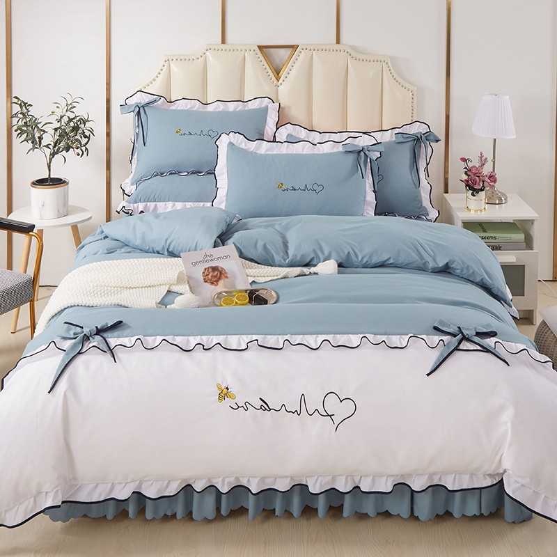 韩版公主风少女心床裙床单式四件套精美刺绣蝴蝶结被套学生宿舍床