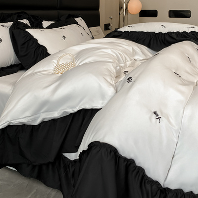 白色黑玫瑰水洗真丝床品四件套冰丝冷感丝滑床单床笠被套宽花边3