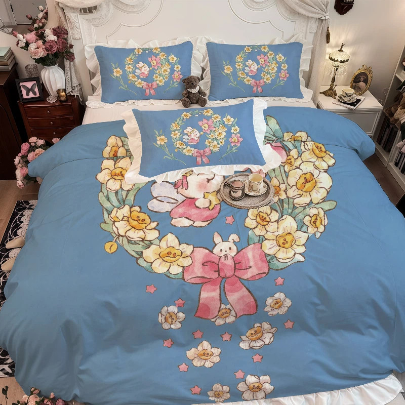 清雅蓝色床品三四件套水仙兔法式荷叶花边水洗棉被套床单小清新春