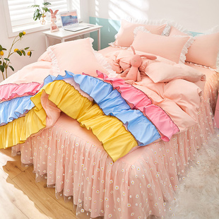 ins温柔浅玉色韩版花边公主单双人1.5/1.8/2.0床裙床单被套四件套