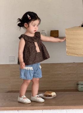 【新品包邮】夏装女童碎花娃娃衫牛仔短裤套装宝宝夏季衣服
