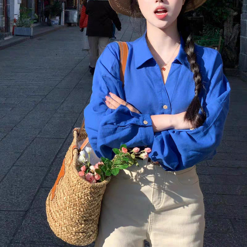 法式克莱因蓝polo衬衫女2025新款春季高级设计感小众气质长袖上衣