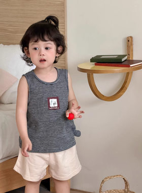 【新品包邮】儿童服装夏季宝宝衣服男童条纹T恤字母短裤套装