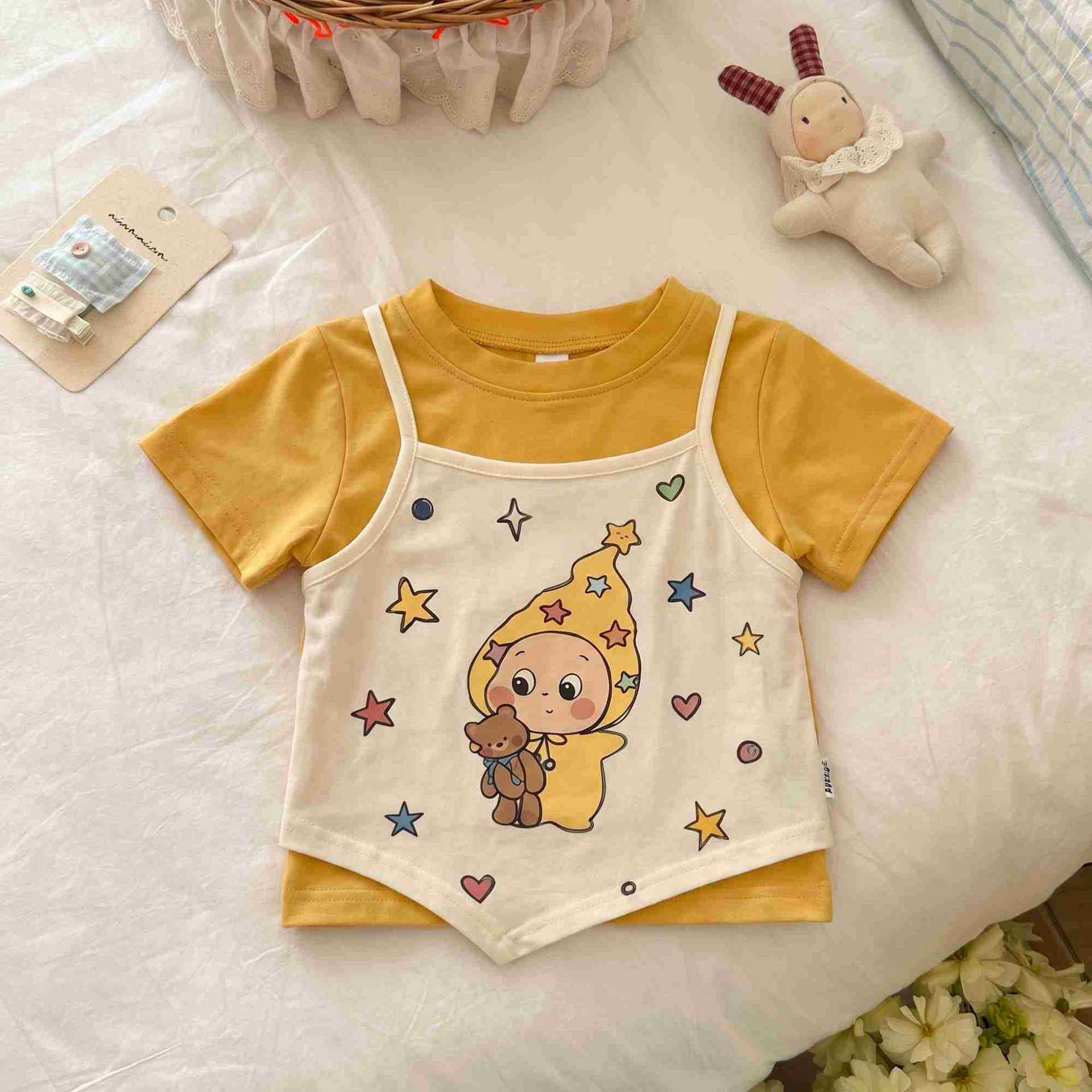 【新品包邮】26新款女宝夏日可爱卡通印花假两件短袖洋气宽松上衣