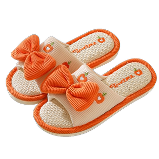 可爱蝴蝶结亚麻布拖鞋女夏季露趾棉麻拖鞋少女防滑室内家居木地板