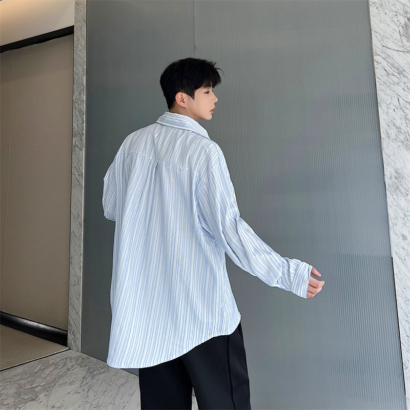 韩风休闲定制肌理感面料清爽蓝条纹衬衫ins潮宽松百搭衬衣男P85,男装衬衫,星座1009（原B233）