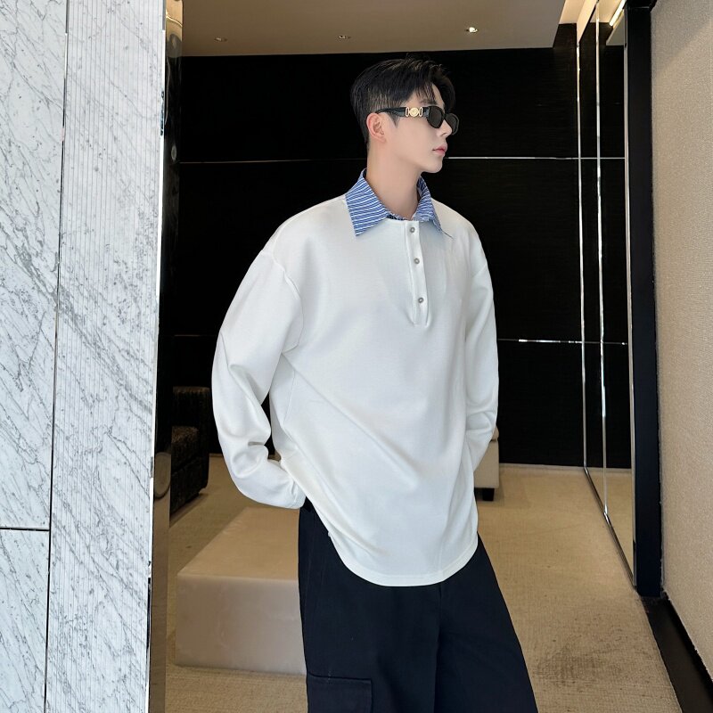 黑色假两件条纹翻领男士长袖T恤2025秋季新款痞帅宽松潮上衣P75,男装T恤,星座1009（原B233）