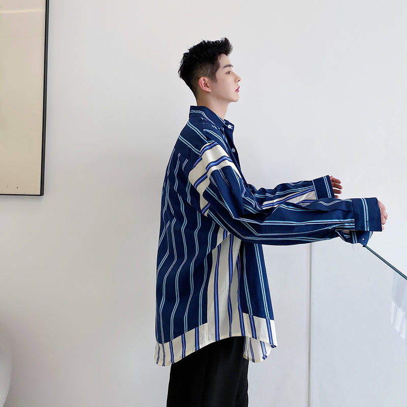 青春休闲条纹拼接双色立体拼接韩条纹风衬衫男P75，男装衬衫，星座1009（原B233）