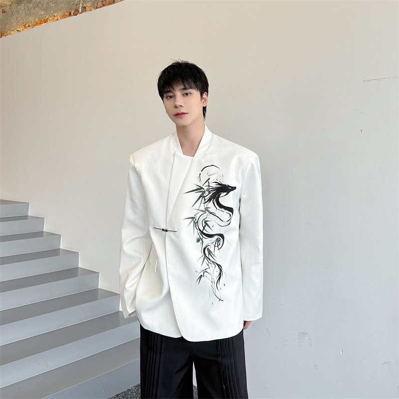 明星同款新中式风潮水墨风印花立领休闲西服男P140图片