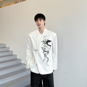 明星同款新中式风潮水墨风印花立领休闲西服男P140图片